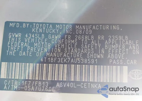 2010 Toyota Camry Le из США, поврежденный, VIN 4T1BF3EK7AU538591